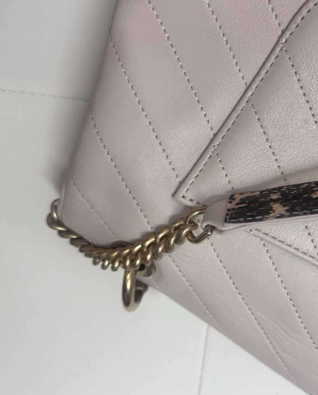 CHANEL 31 Rue Cambon Cream Colored Lambskin Chevron Top Handle Crossbody with Elaphe Snakeskin Strap & Handle