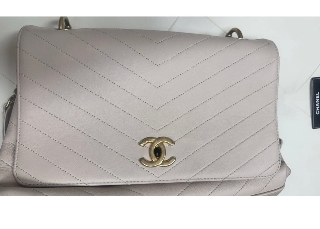 CHANEL 31 Rue Cambon Cream Colored Lambskin Chevron Top Handle Crossbody with Elaphe Snakeskin Strap & Handle