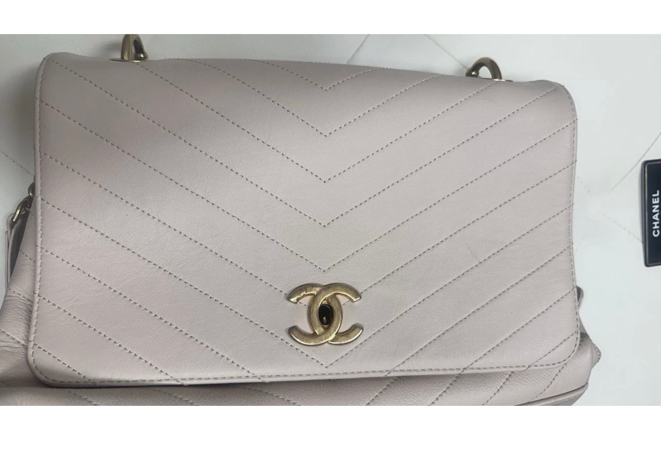 CHANEL 31 Rue Cambon Cream Colored Lambskin Chevron Top Handle Crossbody with Elaphe Snakeskin Strap & Handle