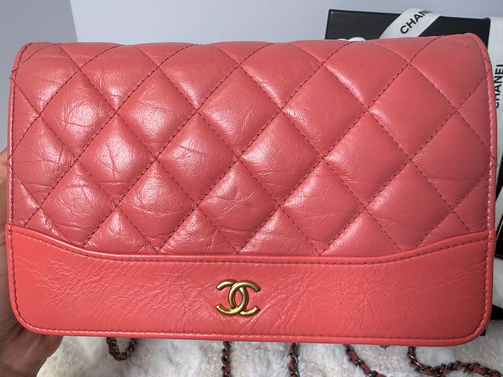 CHANEL Gabrielle Corral Pink Quilted Calfskin Leather Wallet on Chain, Silver Chain