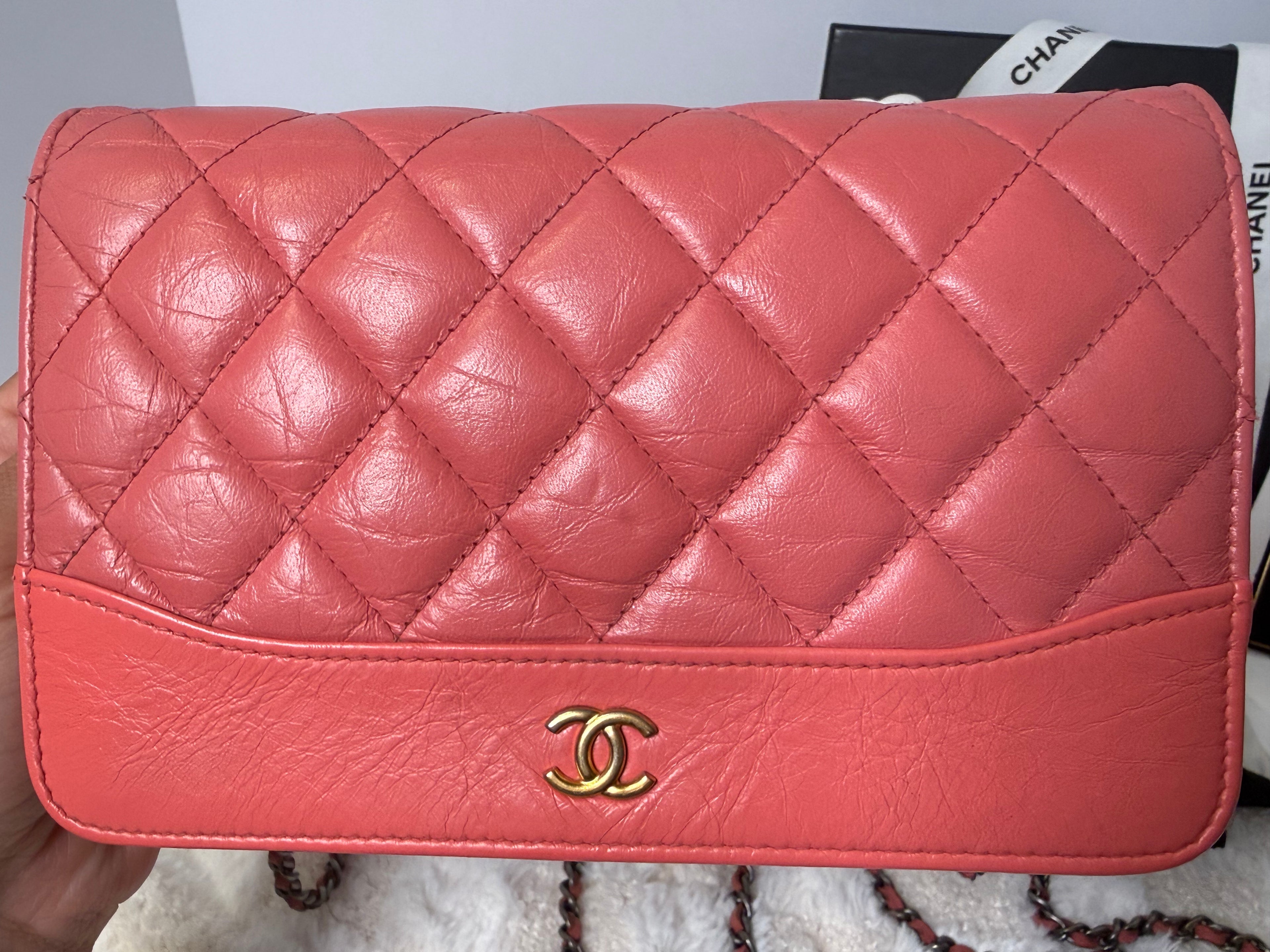 CHANEL Gabrielle Corral Pink Quilted Calfskin Leather Wallet on Chain, Silver Chain