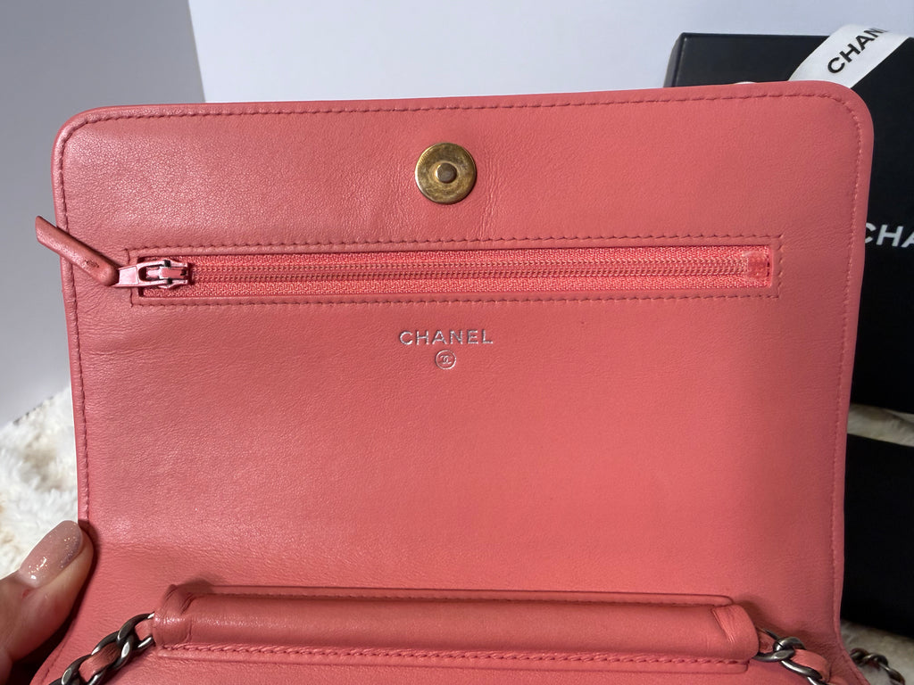 CHANEL Gabrielle Corral Pink Quilted Calfskin Leather Wallet on Chain, Silver Chain