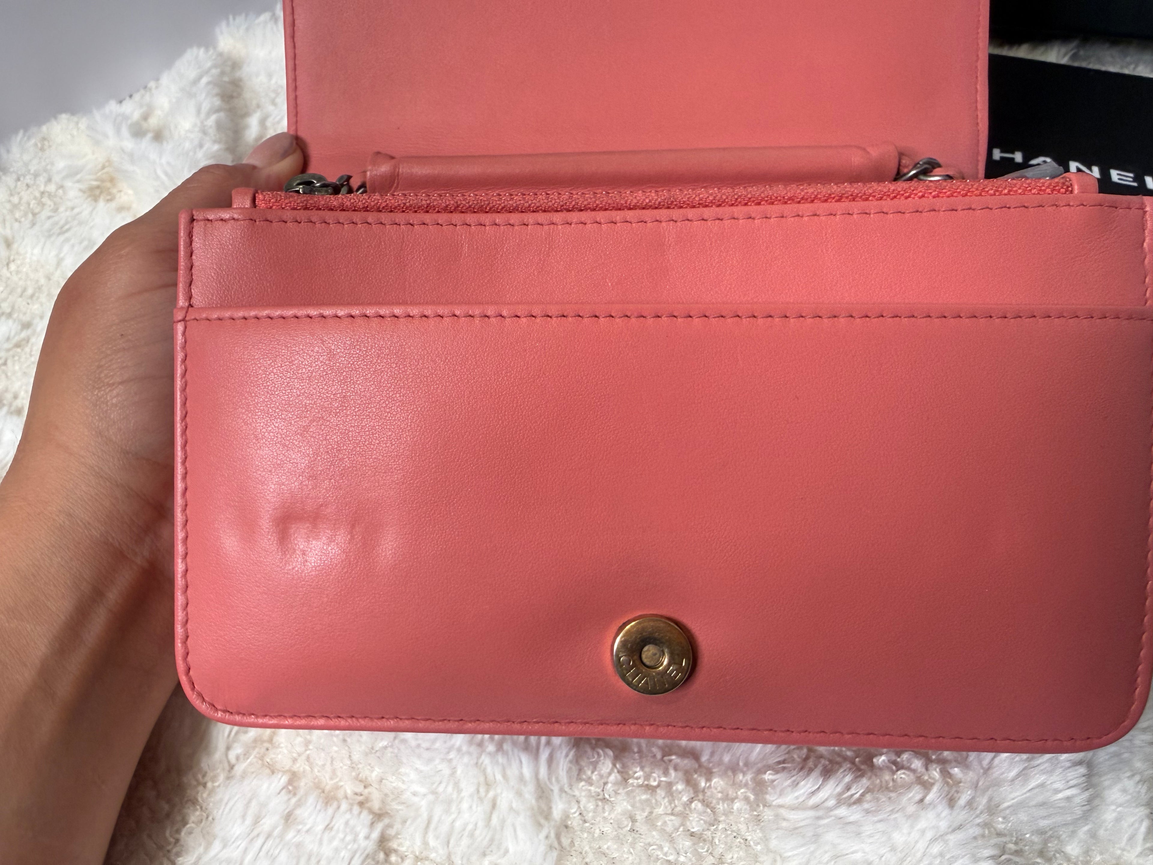 CHANEL Gabrielle Corral Pink Quilted Calfskin Leather Wallet on Chain, Silver Chain