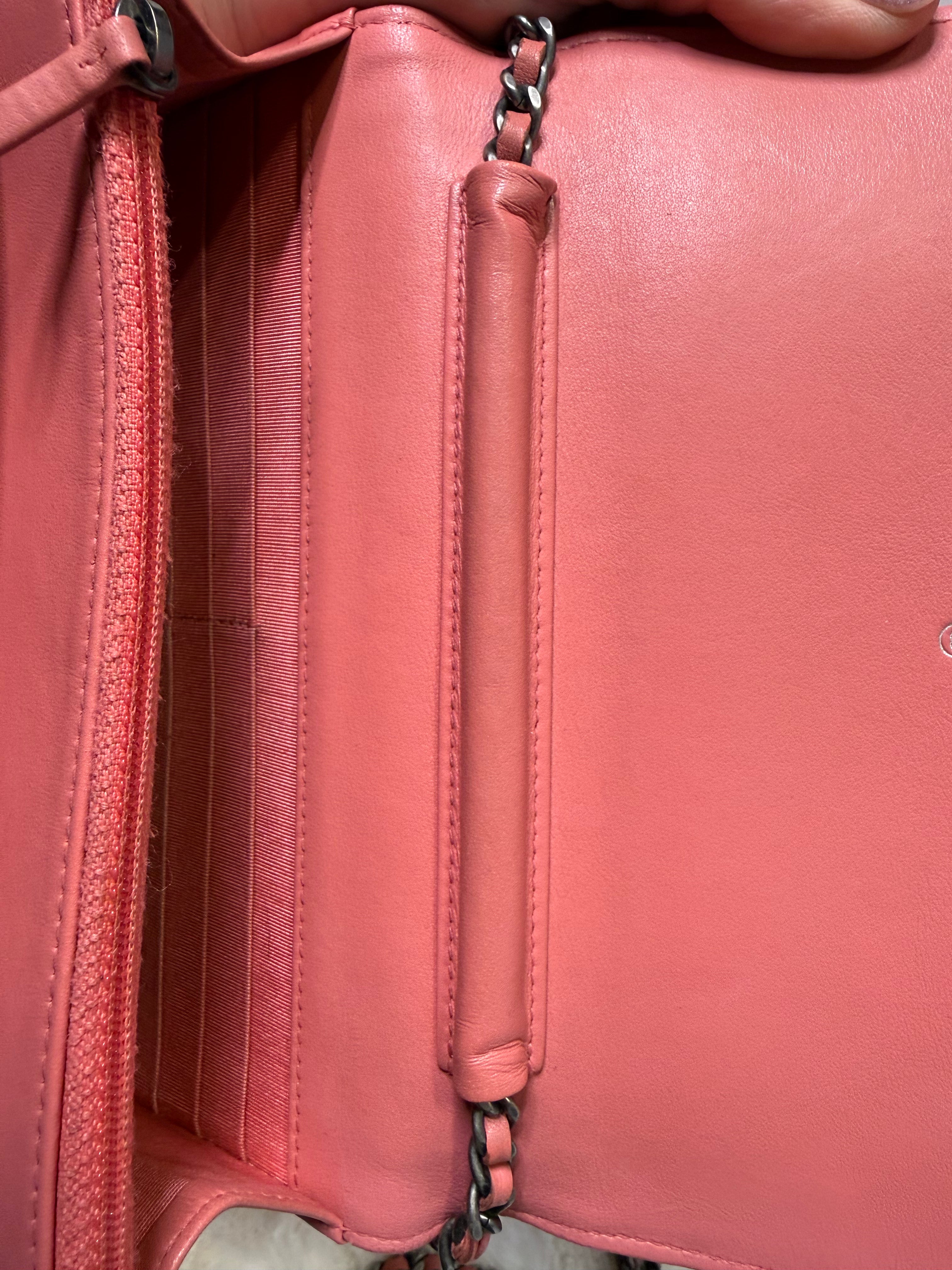 CHANEL Gabrielle Corral Pink Quilted Calfskin Leather Wallet on Chain, Silver Chain