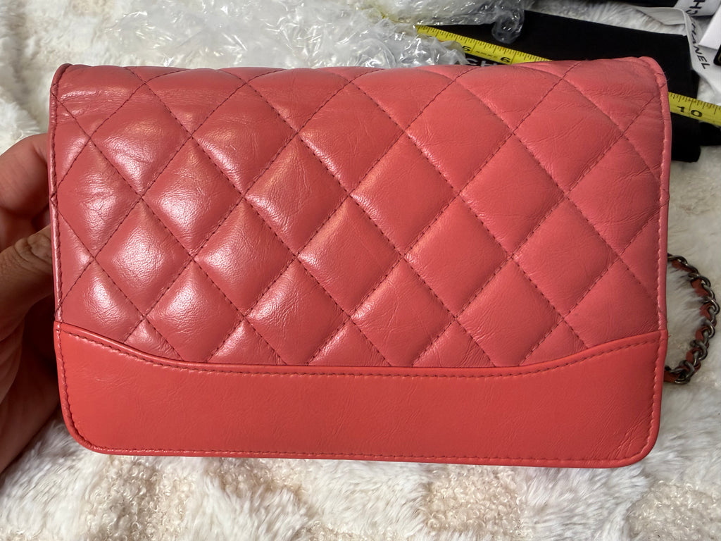 CHANEL Gabrielle Corral Pink Quilted Calfskin Leather Wallet on Chain, Silver Chain