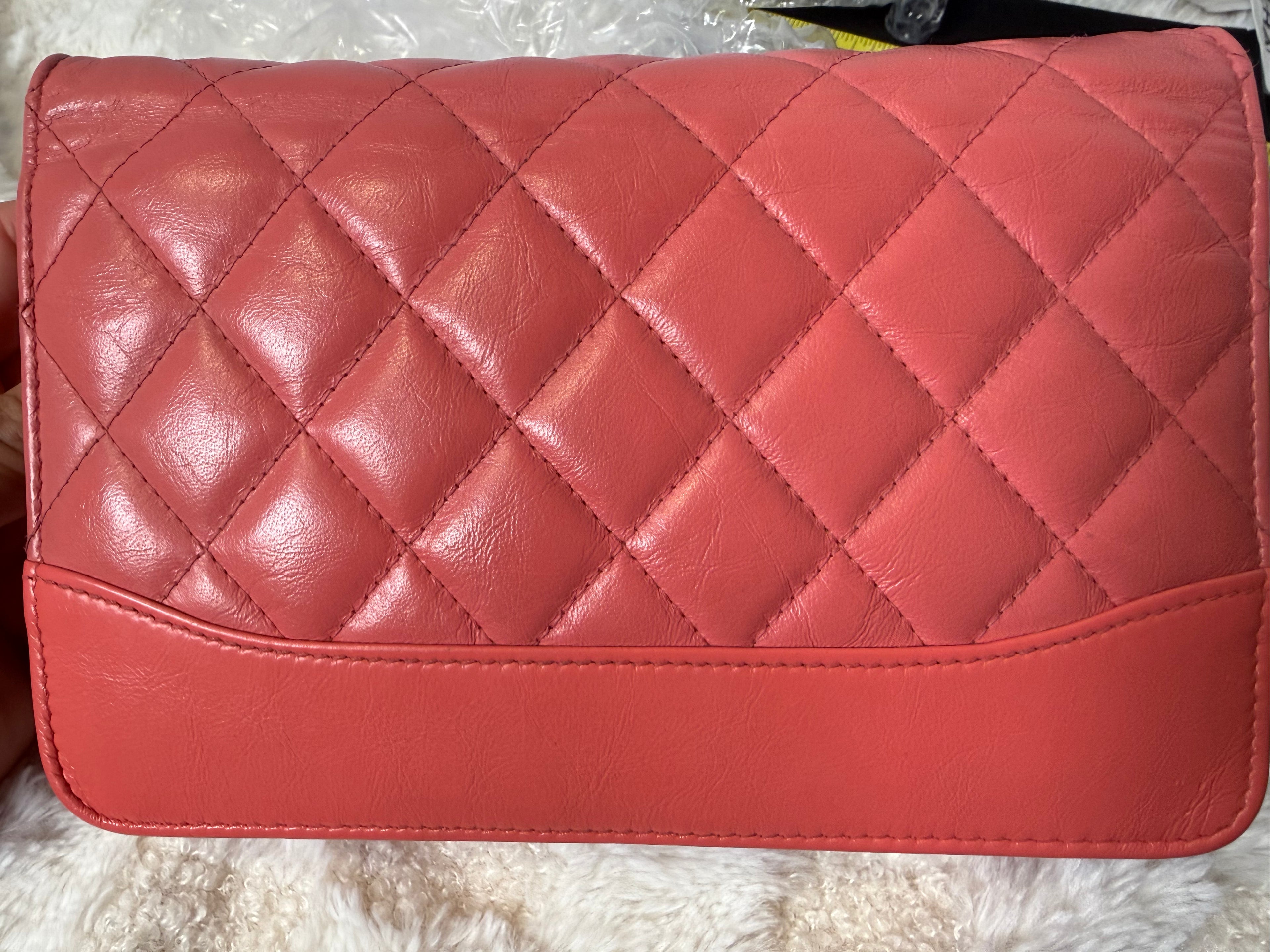 CHANEL Gabrielle Corral Pink Quilted Calfskin Leather Wallet on Chain, Silver Chain