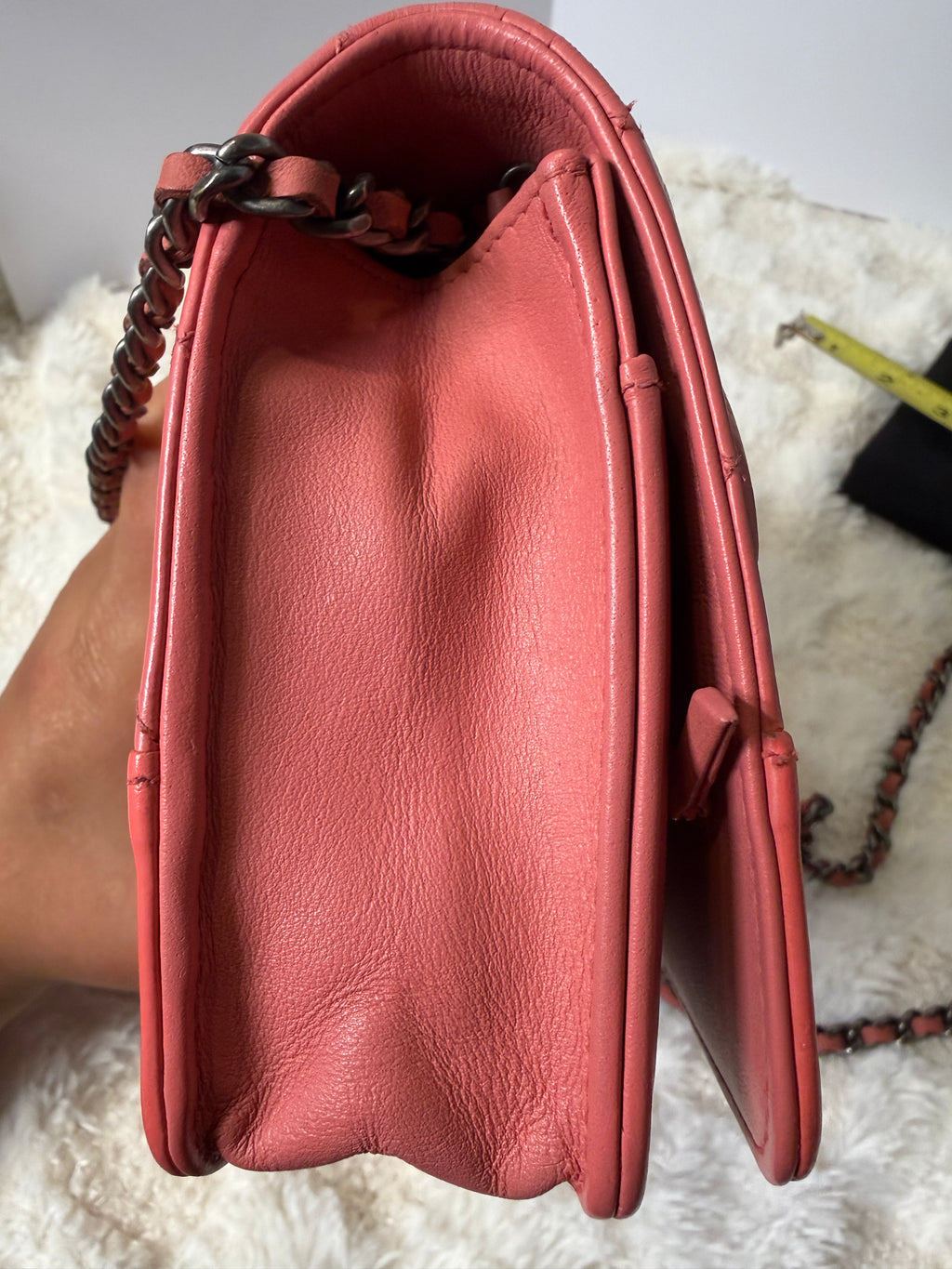 CHANEL Gabrielle Corral Pink Quilted Calfskin Leather Wallet on Chain, Silver Chain