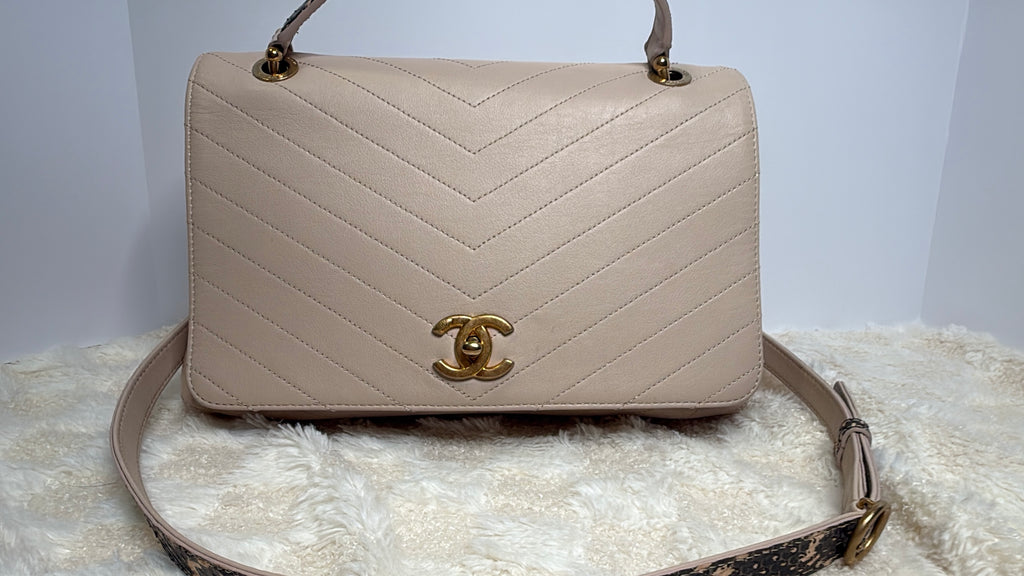 CHANEL 31 Rue Cambon Cream Colored Lambskin Chevron Top Handle Crossbody with Elaphe Snakeskin Strap & Handle