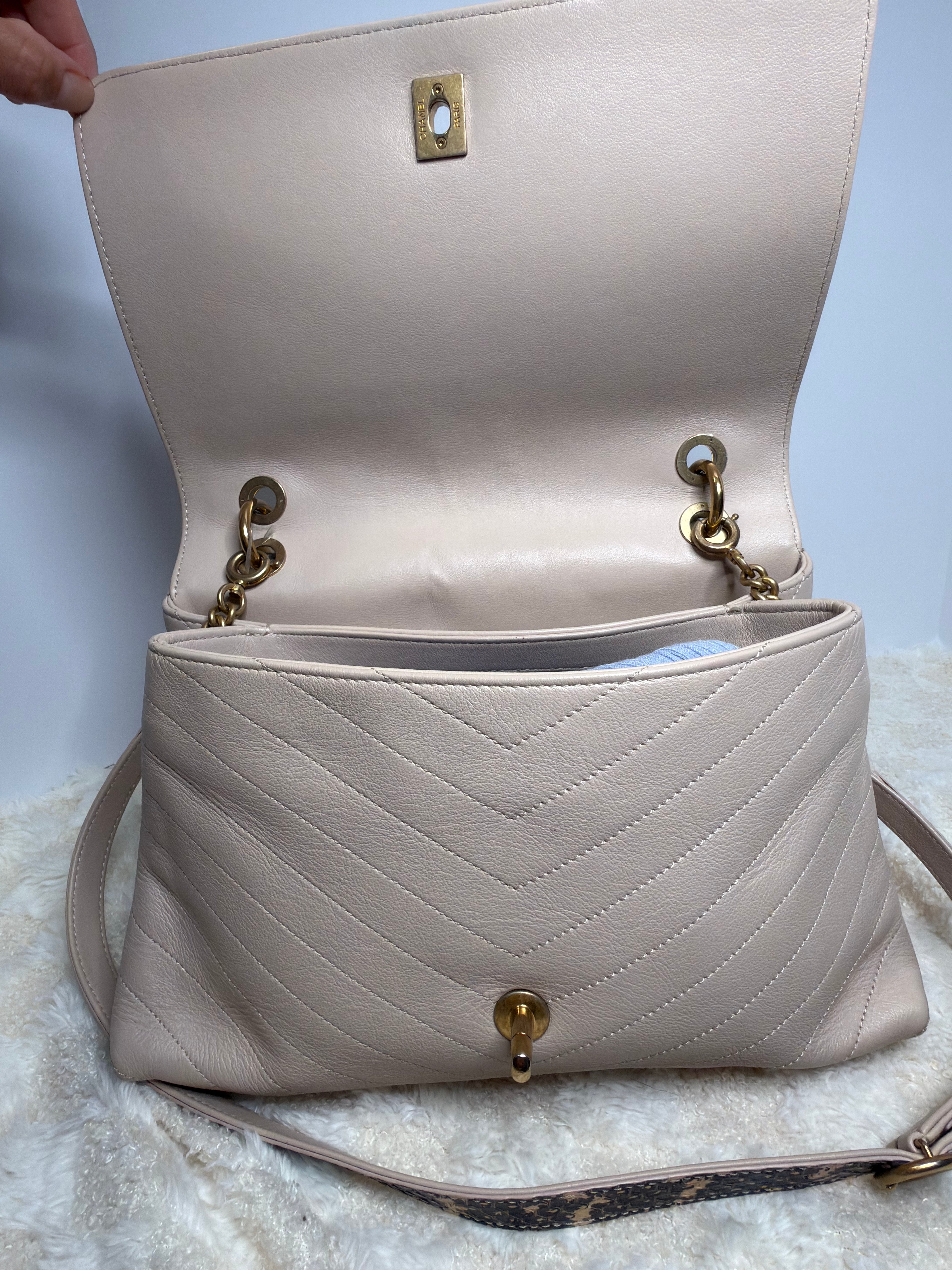 CHANEL 31 Rue Cambon Cream Colored Lambskin Chevron Top Handle Crossbody with Elaphe Snakeskin Strap & Handle