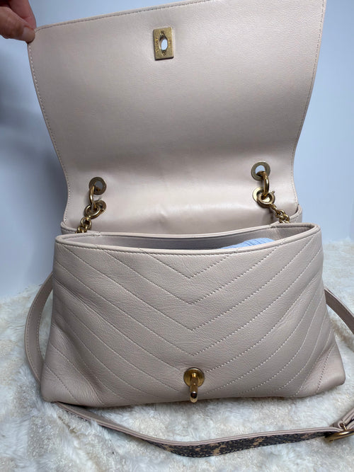 CHANEL 31 Rue Cambon Cream Colored Lambskin Chevron Top Handle Crossbody with Elaphe Snakeskin Strap & Handle