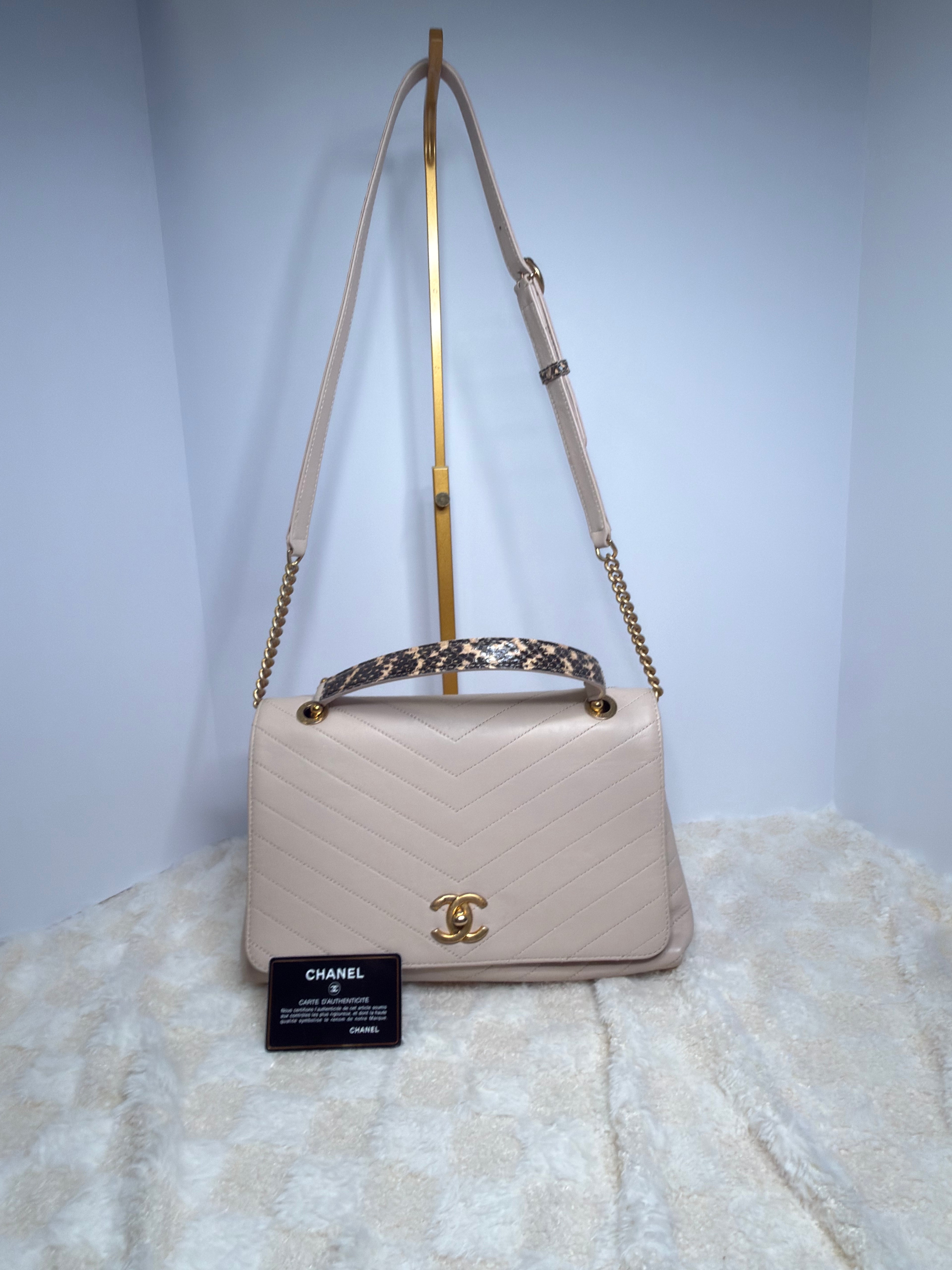 CHANEL 31 Rue Cambon Cream Colored Lambskin Chevron Top Handle Crossbody with Elaphe Snakeskin Strap & Handle