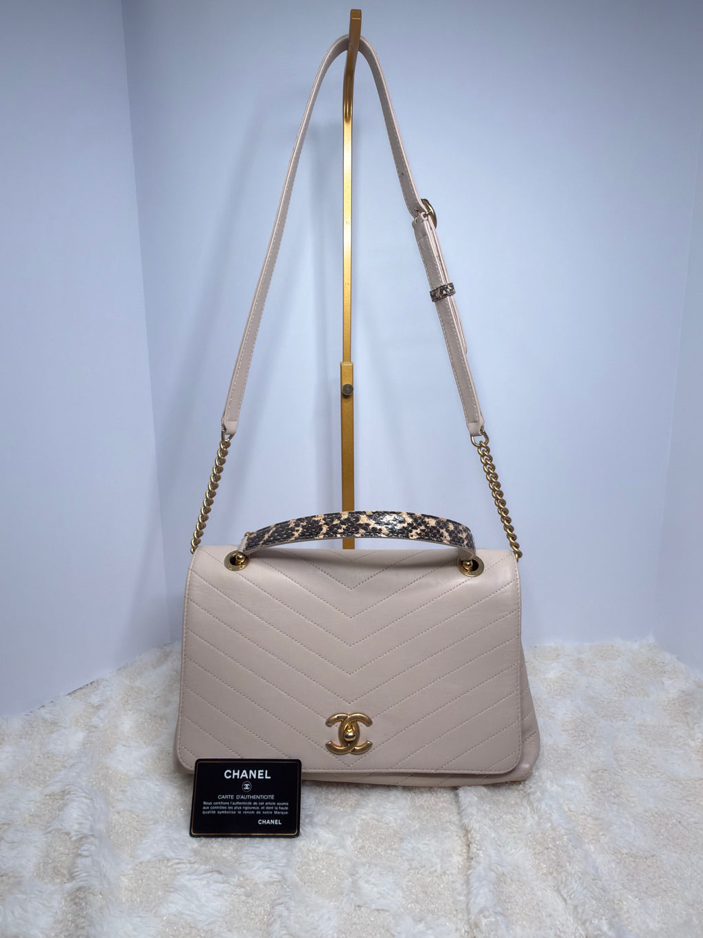 CHANEL 31 Rue Cambon Cream Colored Lambskin Chevron Top Handle Crossbody with Elaphe Snakeskin Strap & Handle