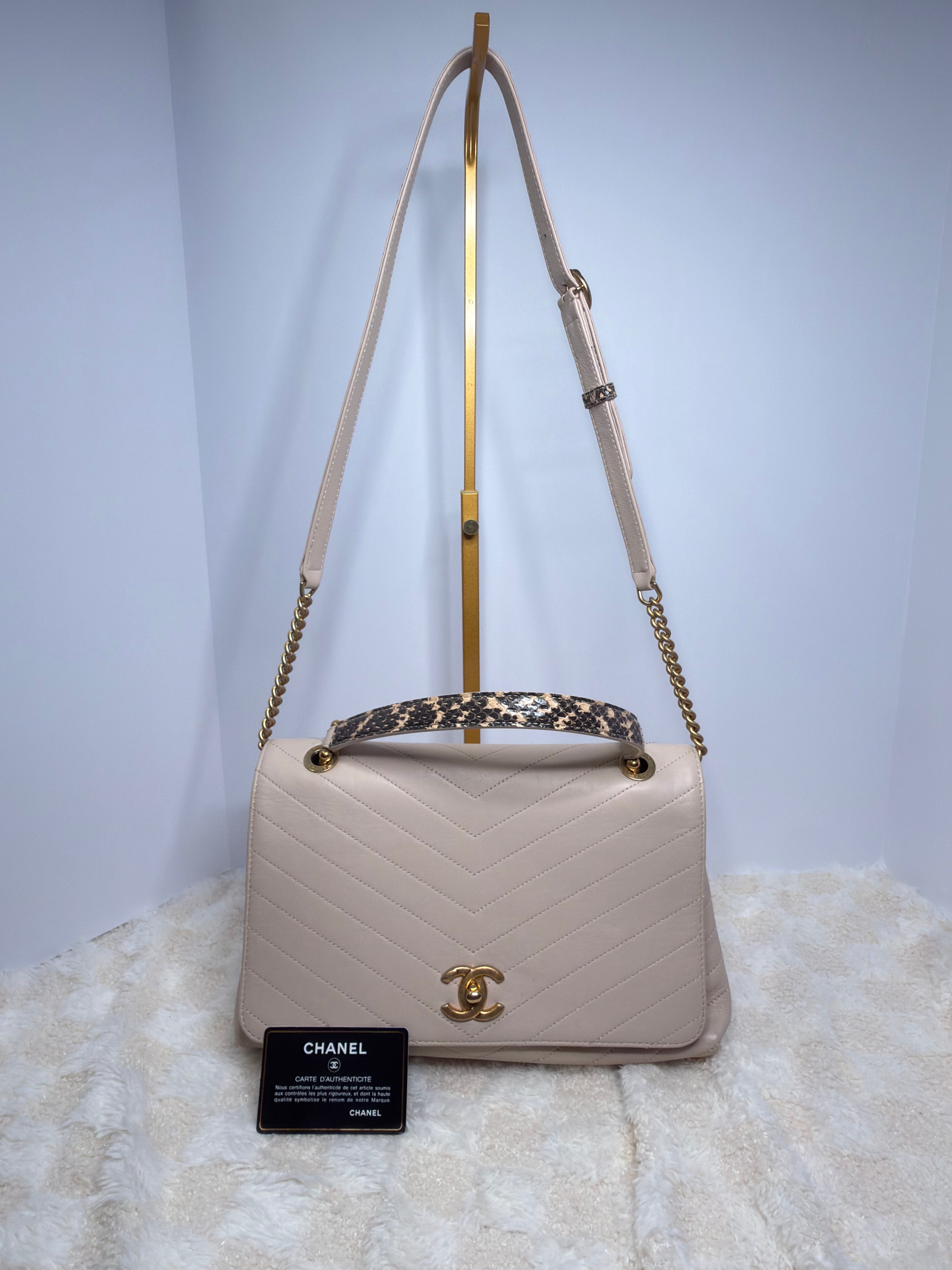 CHANEL 31 Rue Cambon Cream Colored Lambskin Chevron Top Handle Crossbody with Elaphe Snakeskin Strap & Handle